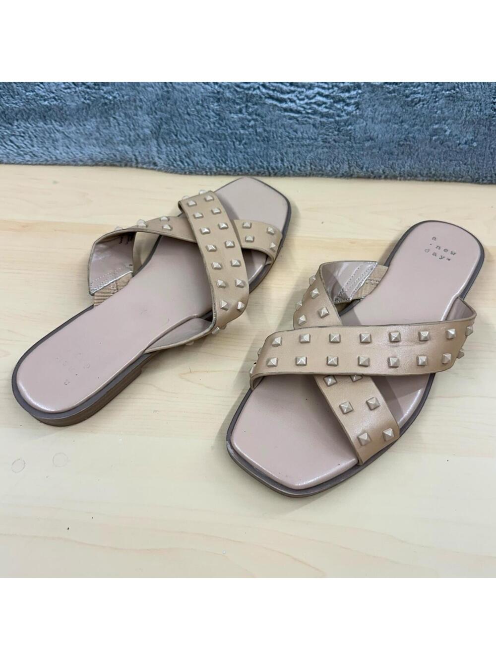 a new day Emmy Studded Crossband Sandals in Beige Tan Modern Minimalist Square